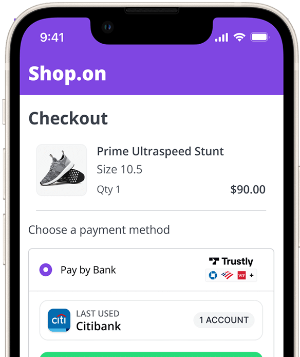 Mobile app screen showing checkout for Prime Ultraspeed Stunt shoes, size 10.5, quantity 1, priced at $90.00 with payment method options including Pay by Bank via Trustly and Citibank account.