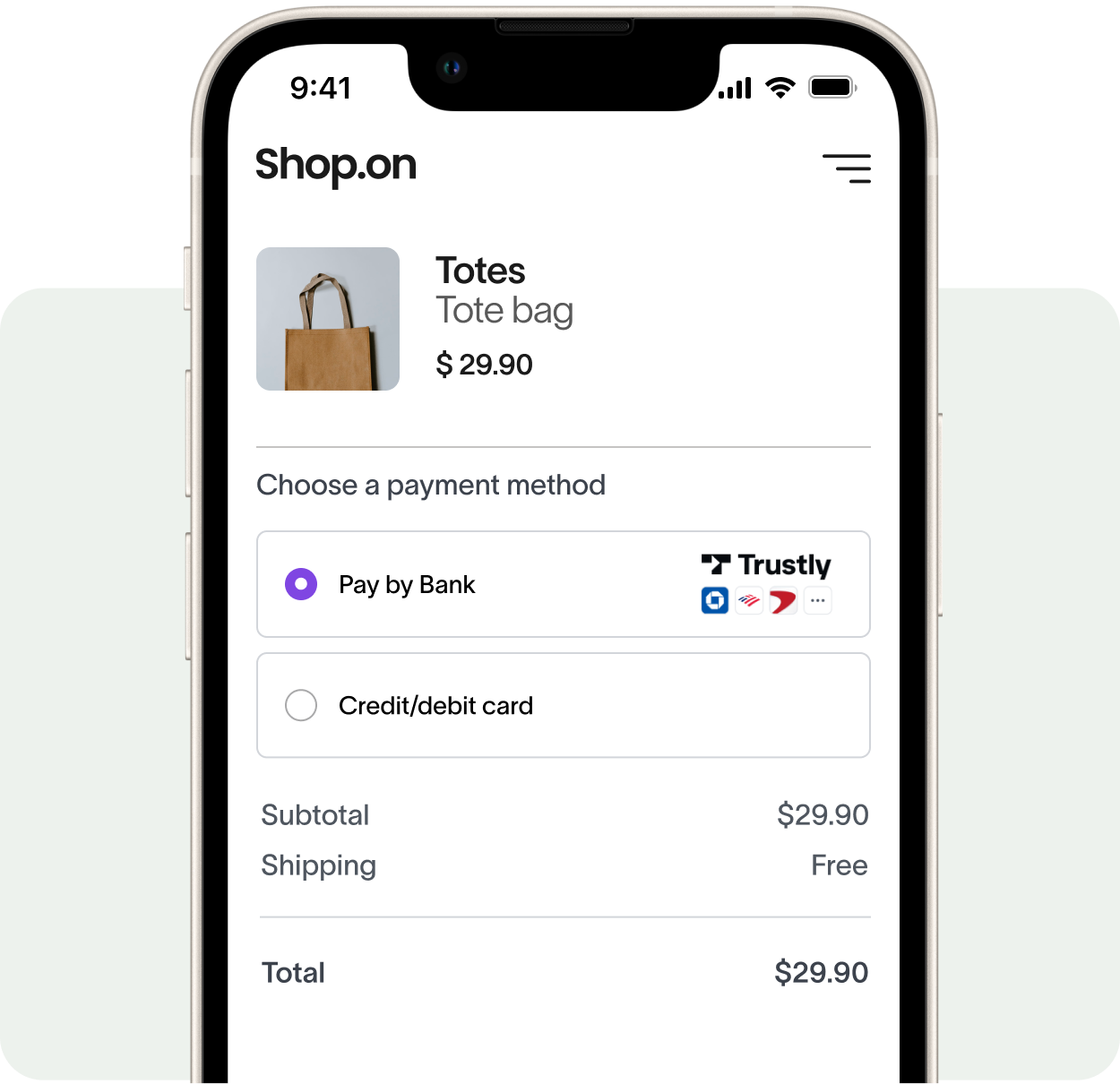 Mobile checkout screen showing a tote bag priced at $29.90 with options to pay by bank using Trustly or by credit/debit card, shipping is free, total $29.90.