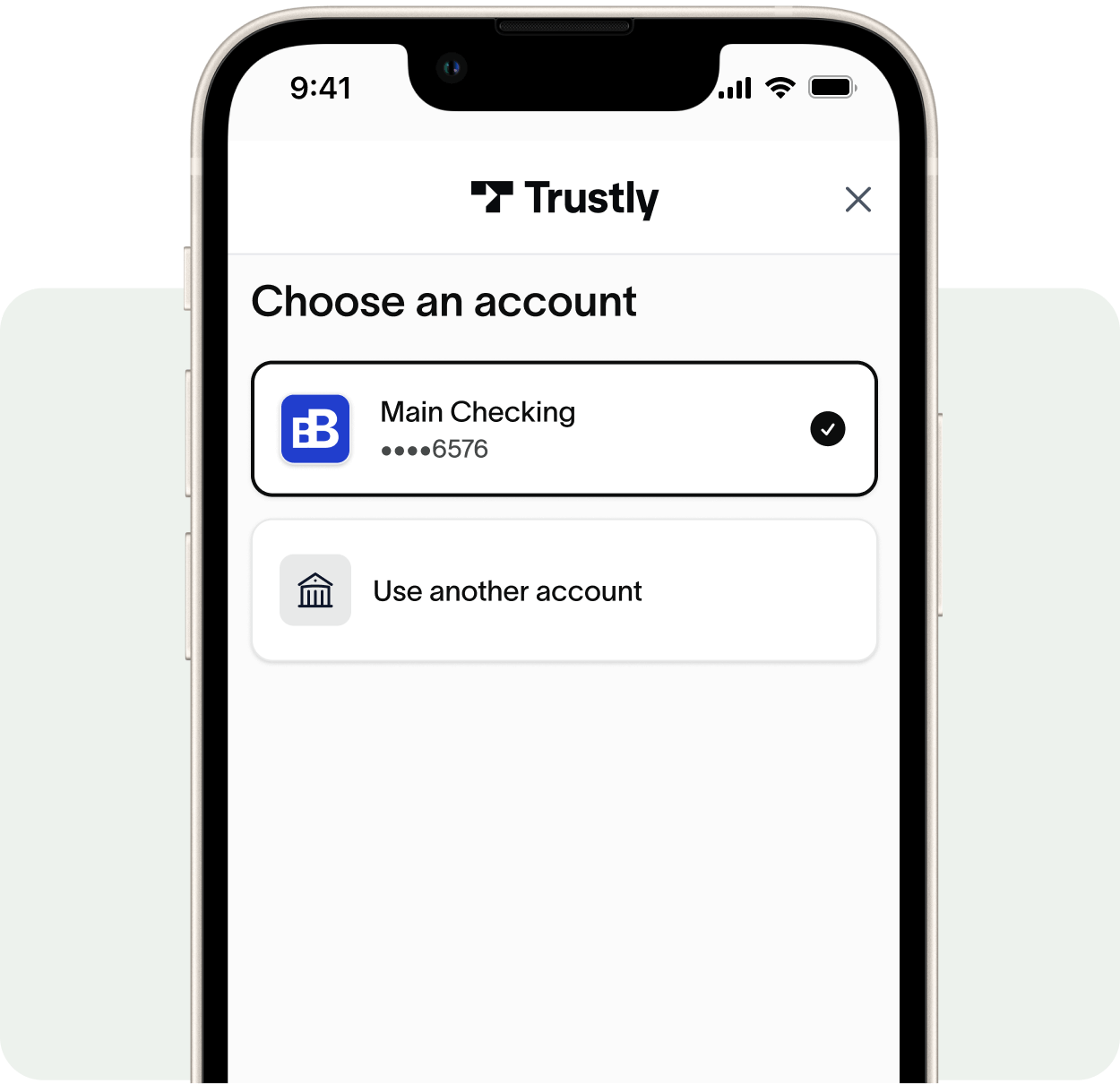 Trustly app screen showing account selection with Main Checking account ending in 6576 selected and option to use another account.
