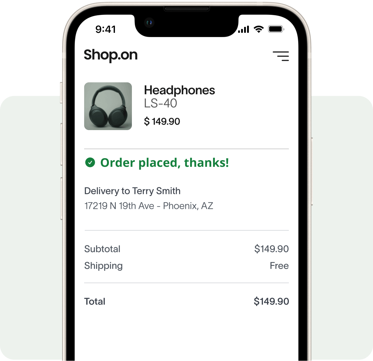 Mobile screen showing order confirmation for headphones LS-40 priced at $149.90 with delivery to Terry Smith in Phoenix, AZ.