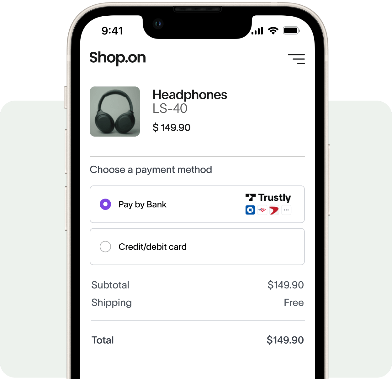 Mobile payment screen showing headphones priced at $149.90 with options to pay by bank using Trustly or credit/debit card, subtotal and total both $149.90, and free shipping.
