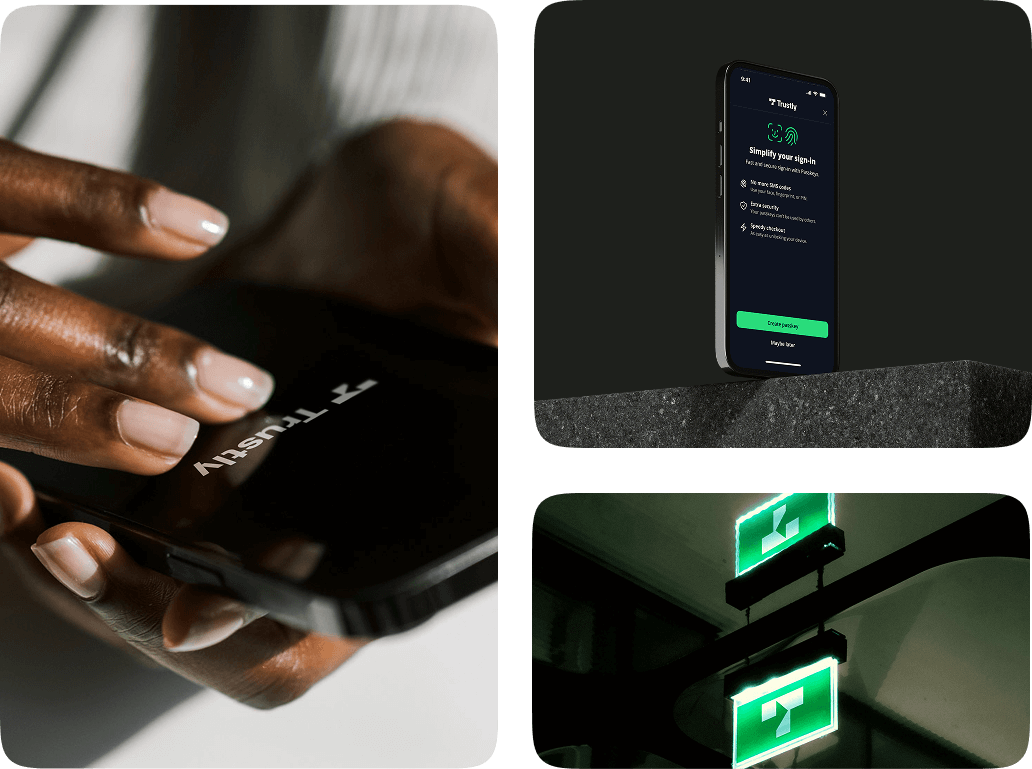 Collage of three images: close-up of hands holding a smartphone with the Trustly logo, a phone displaying Trustly app sign-in screen on a stone platform, and a green illuminated Trustly logo sign in a dark setting.