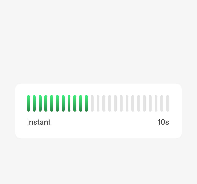 Audio volume bar with 11 green segments filled and 14 gray segments, labeled Instant on the left and 10s on the right.