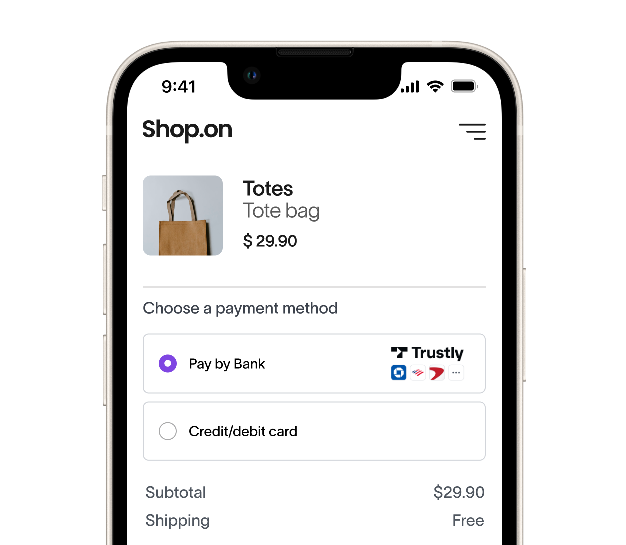 Mobile screen displaying Shop.on checkout with a tote bag priced at $29.90, payment options for Pay by Bank selected via Trustly and Credit/debit card.