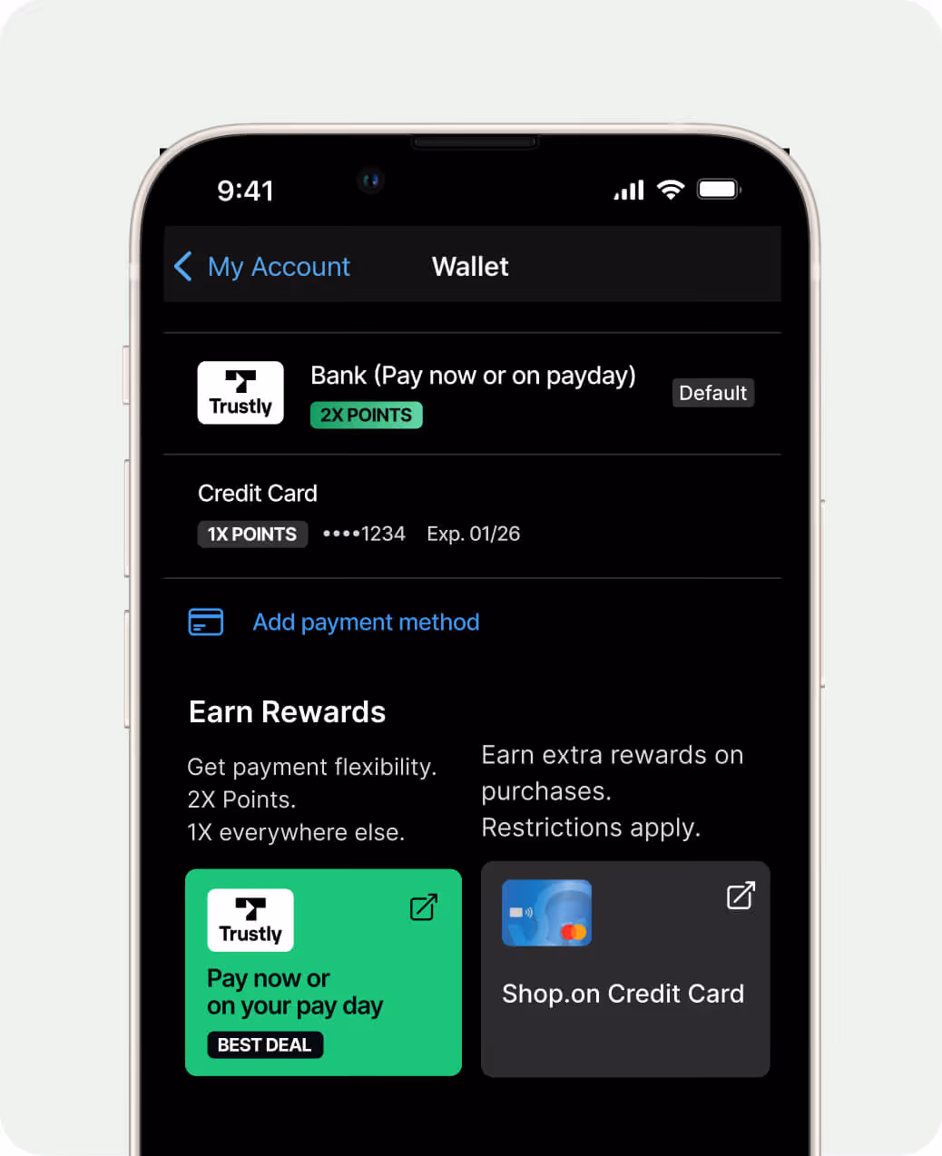 Mobile wallet screen showing Trustly bank payment with 2X points as default and credit card ending 1234 with 1X points, plus options to add a payment method and earn rewards.