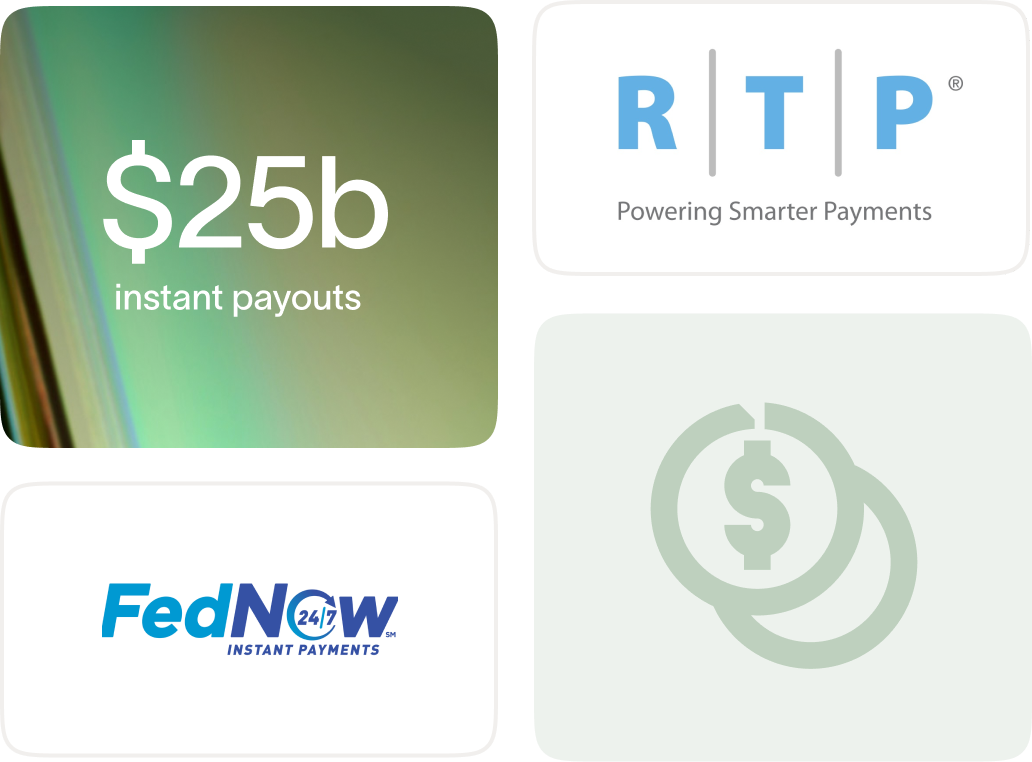 $25 billion in instant payouts text with RTP and FedNow instant payment logos and a dollar coin icon.