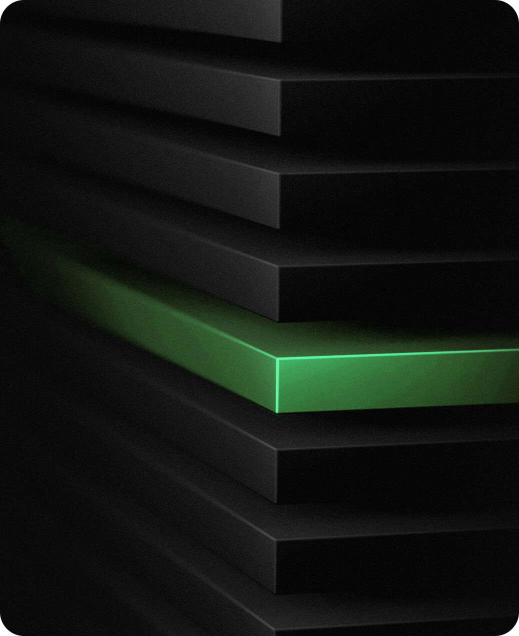 Stack of dark rectangular layers with one glowing green layer in the middle.
