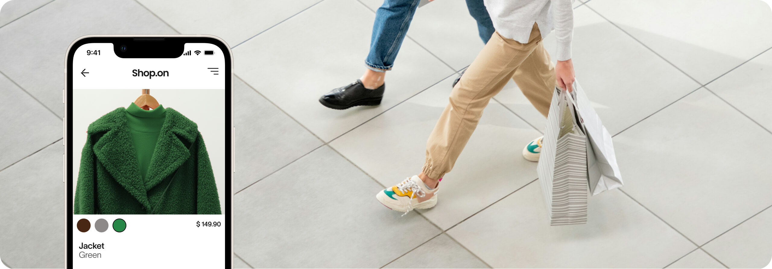 Smartphone screen displaying an online shopping app with a green jacket priced at $149.90, while people walk on tiled floor carrying shopping bags.