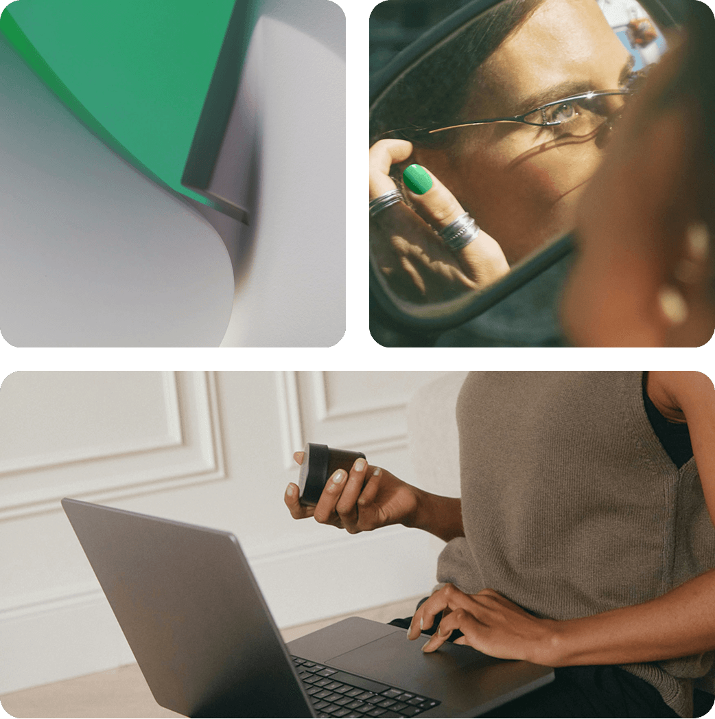 Collage of three images: abstract green and gray curved shapes, a person with green nail polish adjusting glasses in a mirror, and a person using a laptop while holding a small black container.