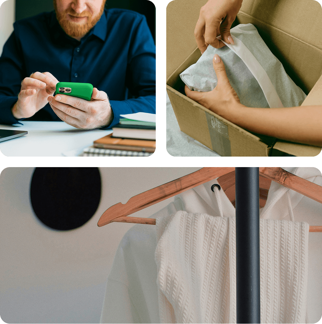 Collage showing a man using a green smartphone at a desk, hands unpacking a wrapped item from a cardboard box, and a white textured sweater hanging on a wooden hanger on a clothing rack.