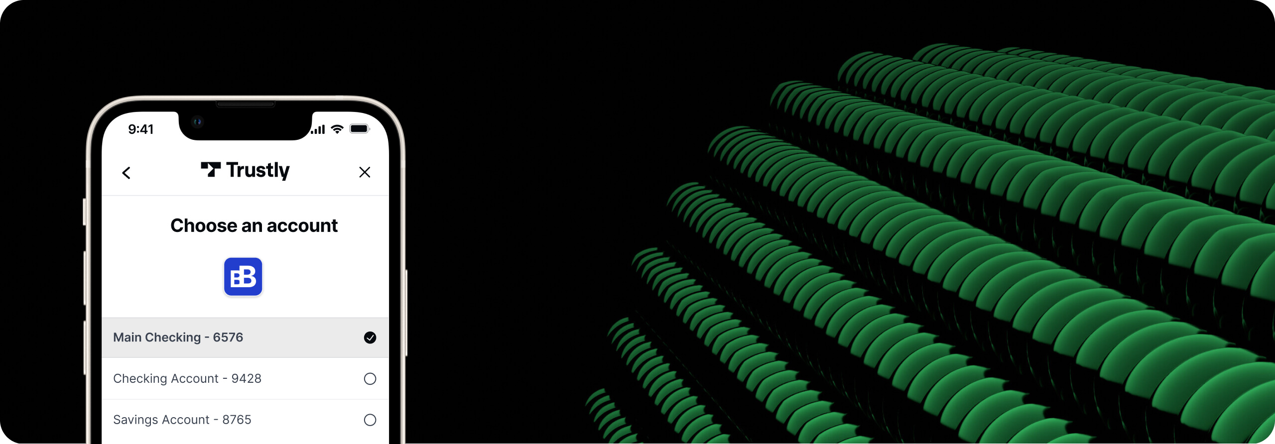 Smartphone screen showing Trustly app interface prompting to choose a bank account with three account options listed.