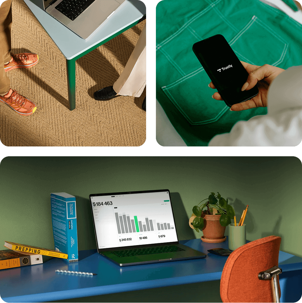 Collage of three images: two people standing near a small table with a laptop, a hand holding a smartphone displaying the Trustiv logo over green fabric, and a desk with a laptop showing a financial bar chart beside books, a plant, and pencils in a cup.