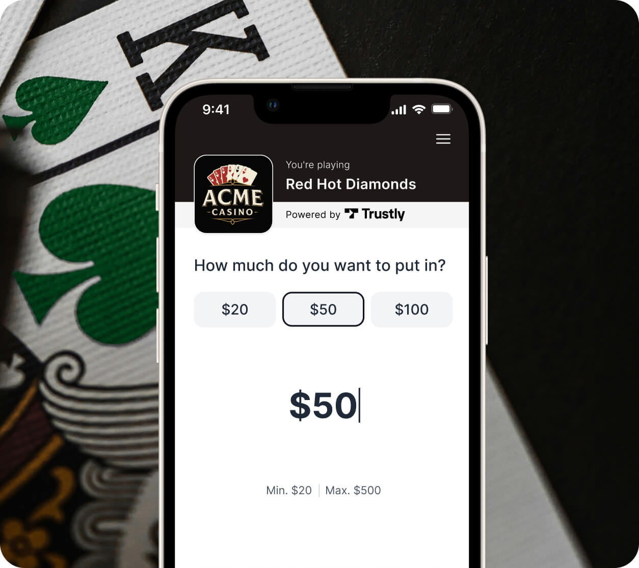 Mobile screen showing ACME Casino game Red Hot Diamonds with a bet selection of $20, $50, or $100; $50 is selected.