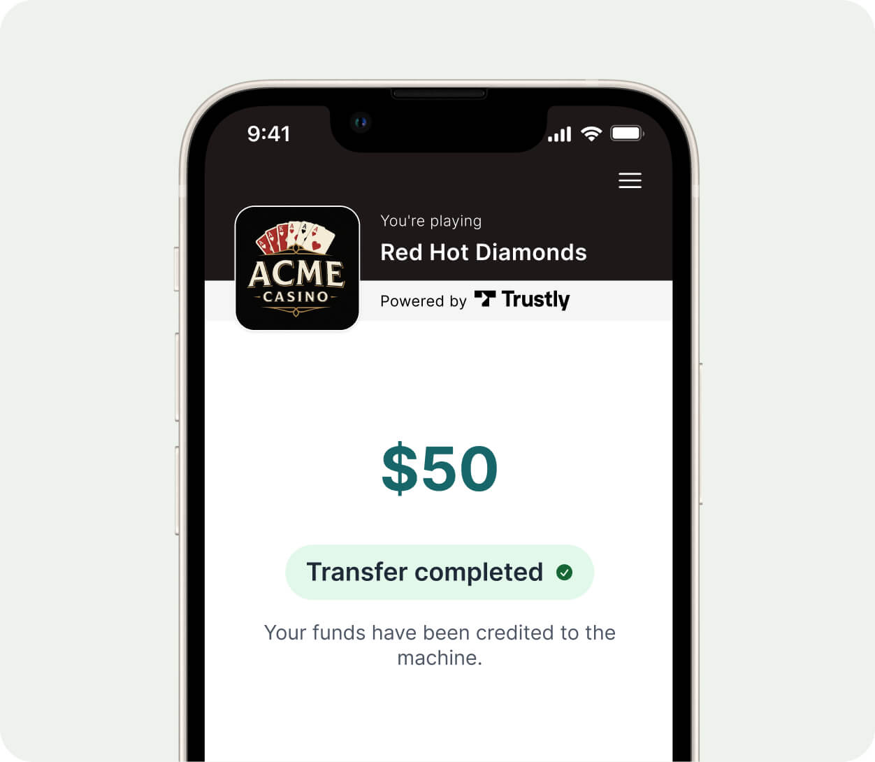 Mobile screen showing $50 credited to Red Hot Diamonds game at ACME Casino with transfer completed confirmation.