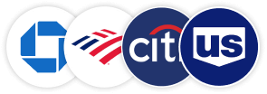 Logos of Chase, Bank of America, Citibank, and US Bank in overlapping dark blue circles.
