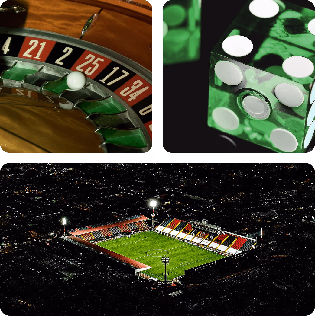 Composite image showing a roulette wheel with ball on number 25, a close-up of transparent green dice showing the number five, and an illuminated soccer stadium at night.