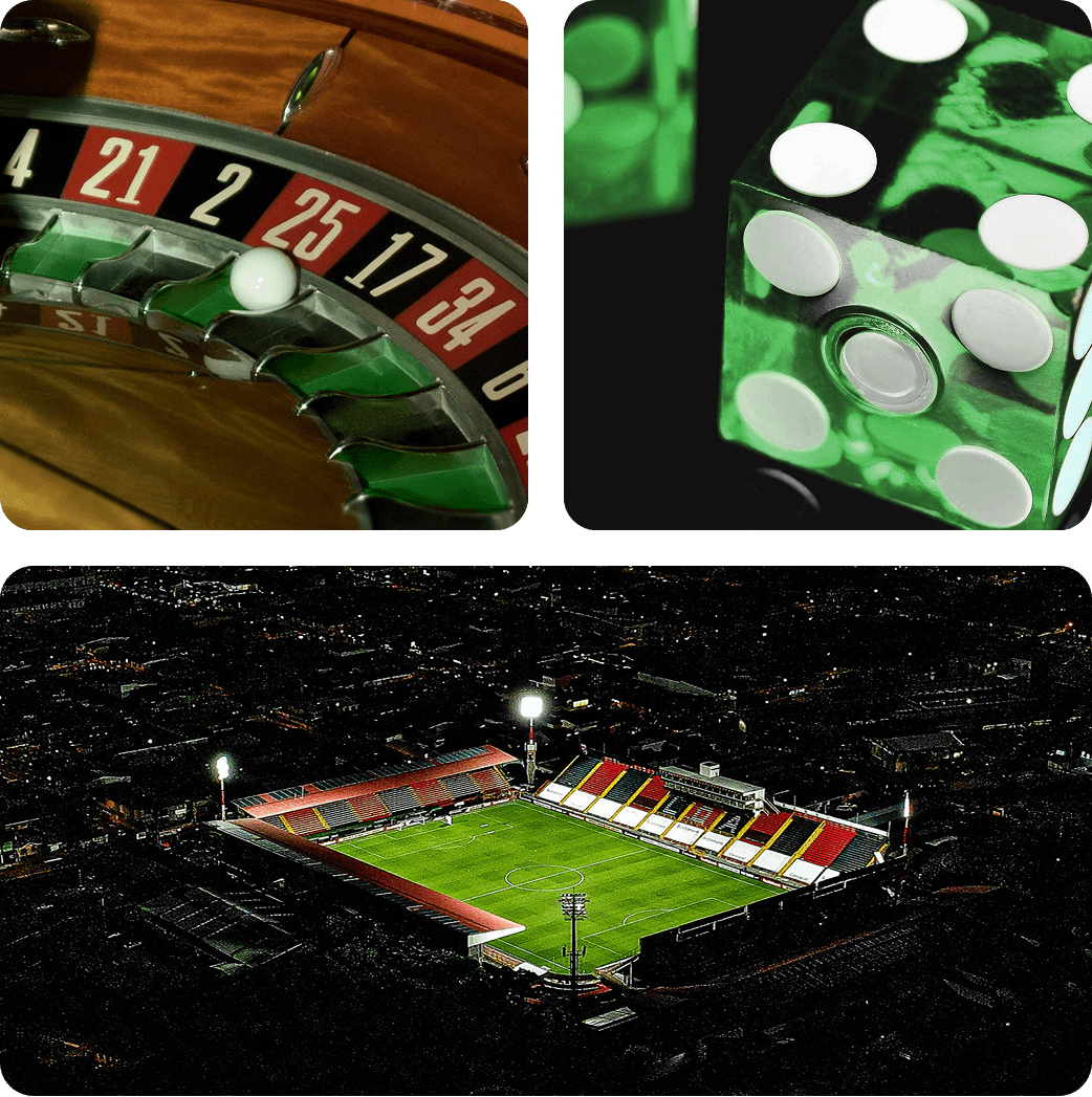 Composite image showing a roulette wheel with ball on number 25, a close-up of transparent green dice showing the number five, and an illuminated soccer stadium at night.