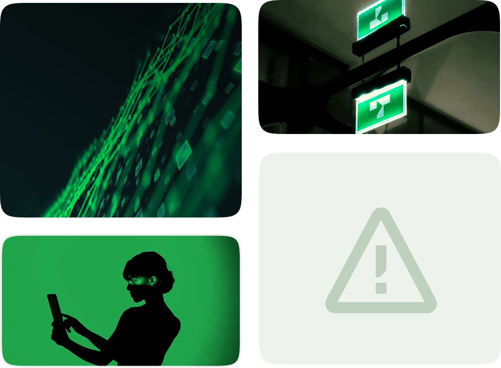 Collage of four images: abstract green digital network on dark background, illuminated green exit signs in a building, silhouette of a person using a tablet against a green background, and a grey warning triangle with an exclamation mark.