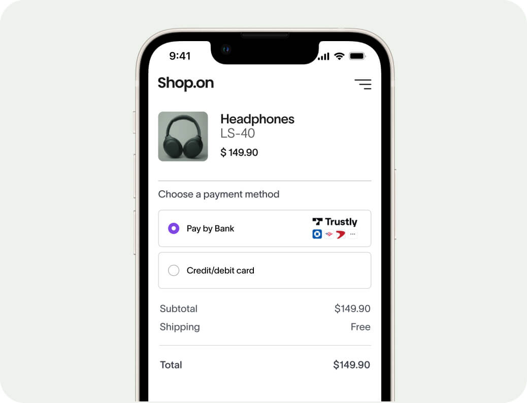 Mobile checkout screen displaying headphones priced at $149.90 with payment options Pay by Bank or Credit/debit card, subtotal and total of $149.90, and free shipping.