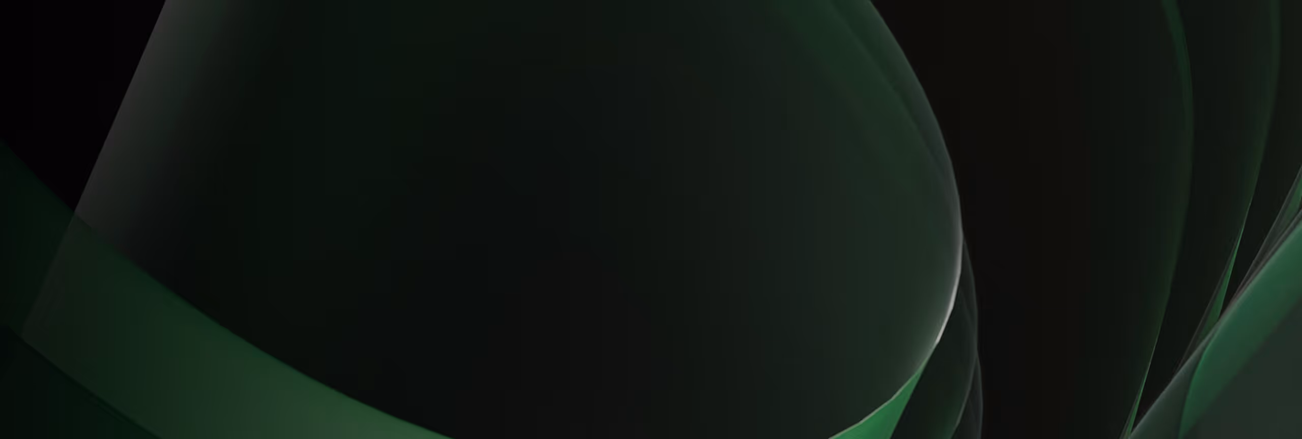 Abstract dark green and black gradient background with flowing translucent curves.