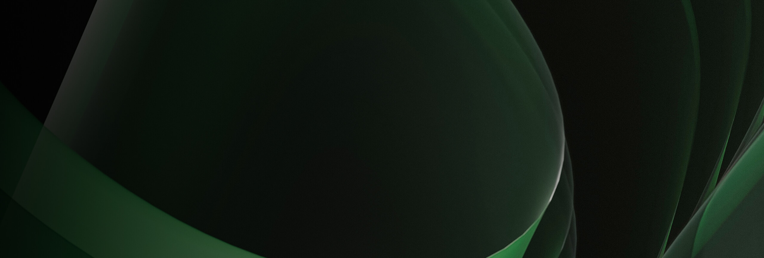 Abstract dark green and black gradient background with flowing translucent curves.