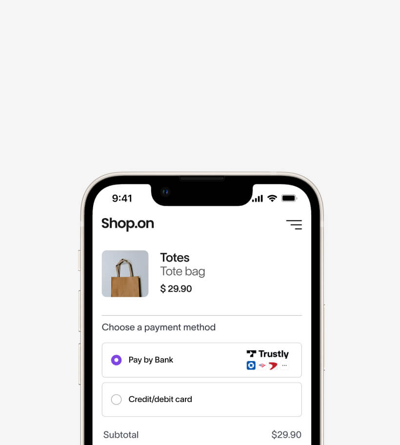 Mobile screen showing an online shopping checkout for a tote bag priced at $29.90 with payment options Pay by Bank and Credit/debit card.