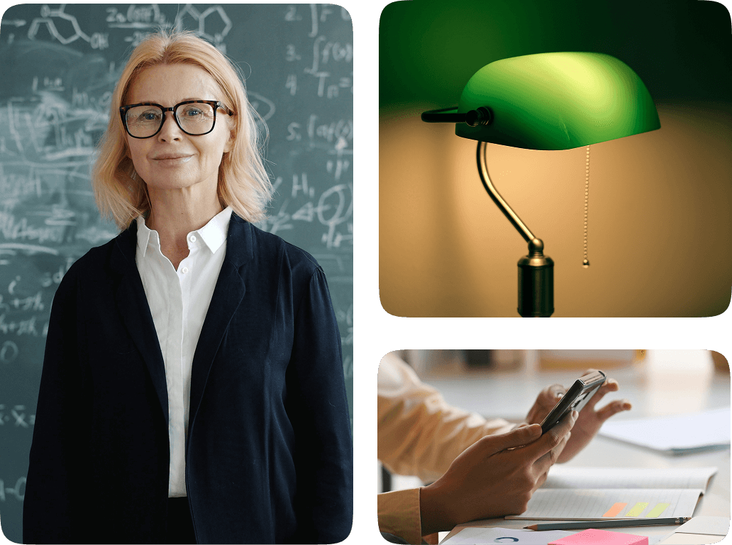 Collage with a woman wearing glasses standing in front of a chalkboard with equations, a green banker’s desk lamp, and hands holding a smartphone over an open notebook with sticky notes.