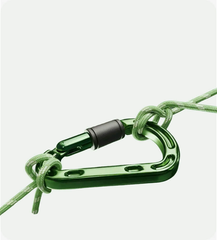 Green metal carabiner clipped to green rope knots on both ends.