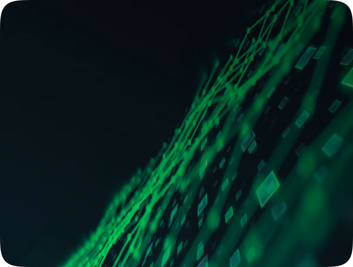 Abstract digital green network lines and hexagonal shapes on a dark background.