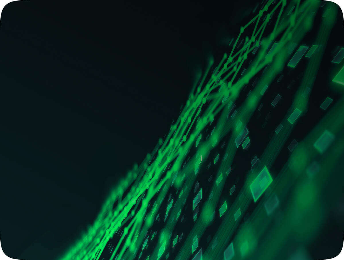 Abstract digital green network lines and hexagonal shapes on a dark background.