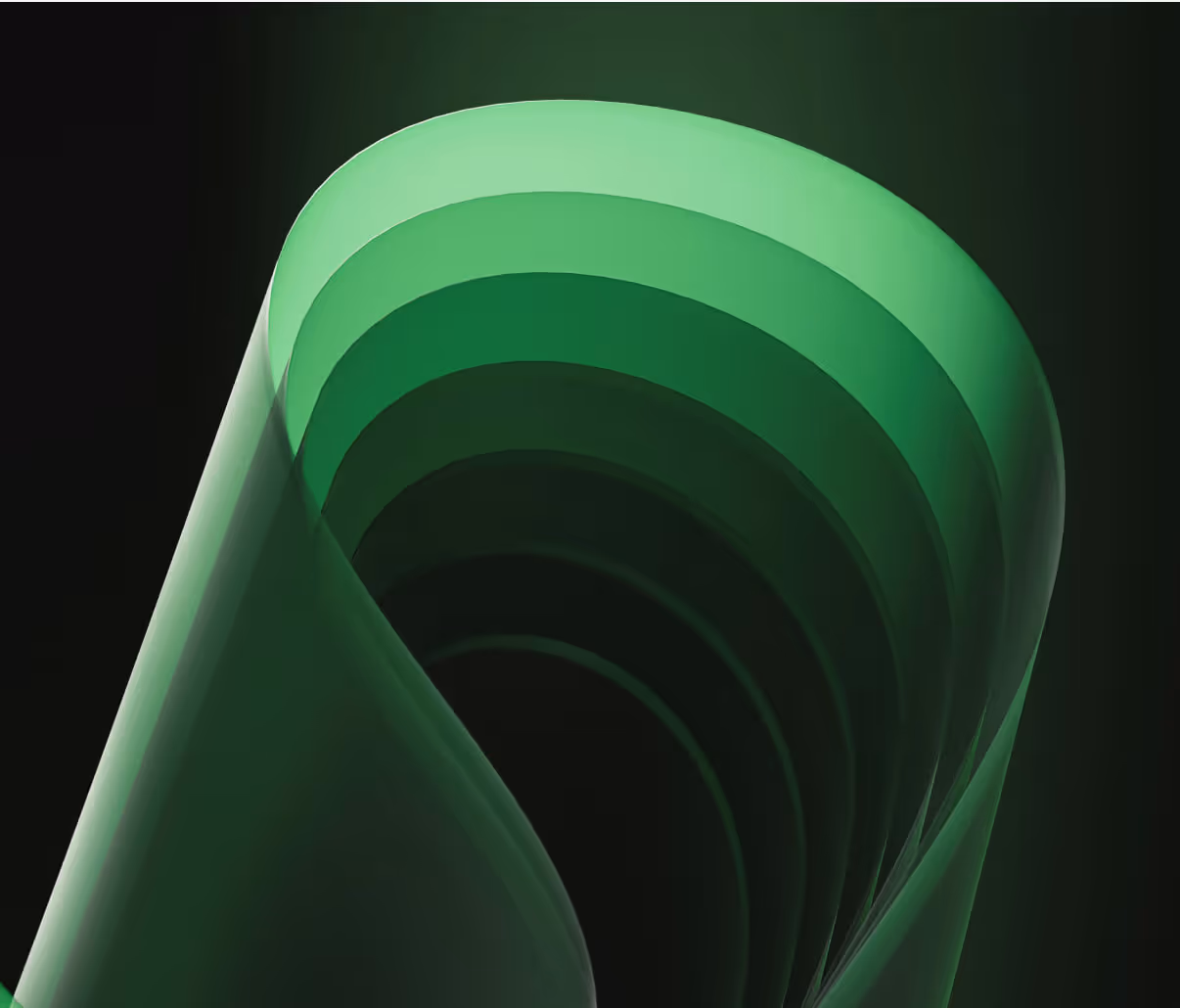 Curved layered green translucent shapes forming a tunnel-like pattern on a dark background.