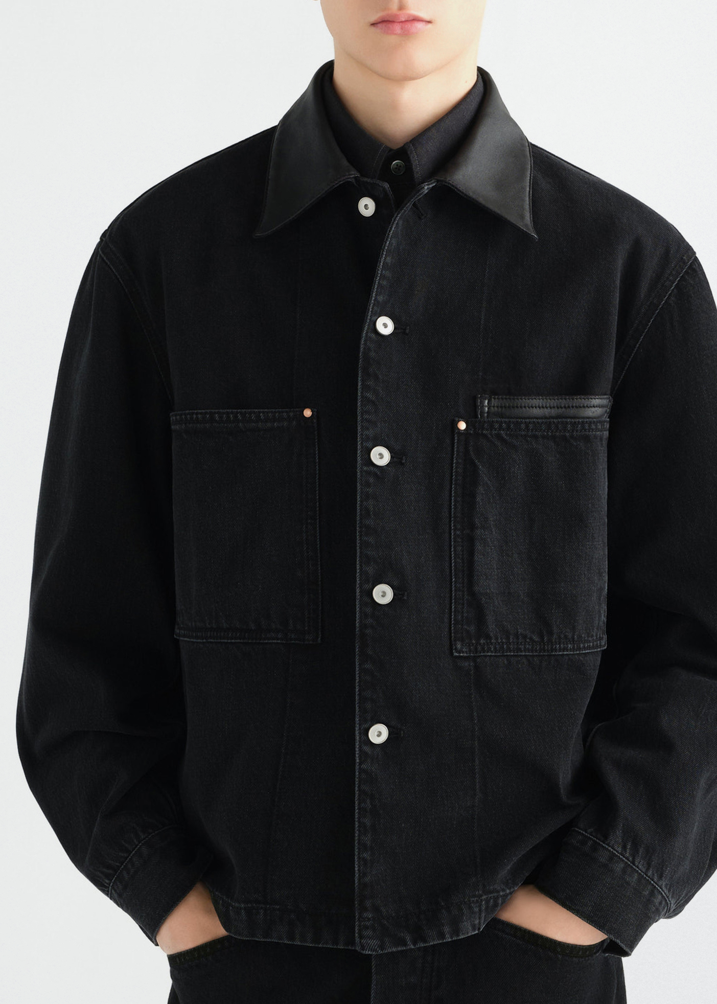Workwear Overshirt –– Leather Collar (Black)
