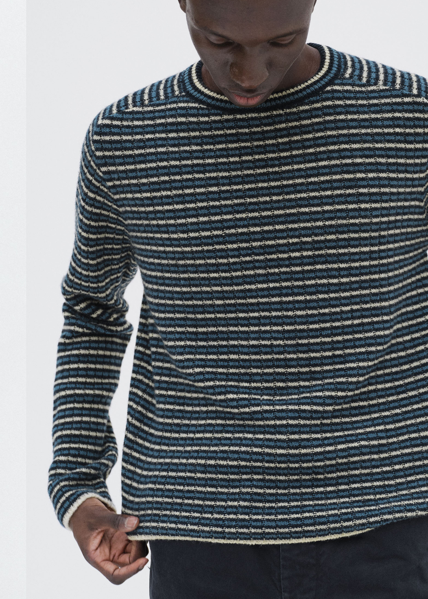 Shetland Wool Cashmere Rib Knit P/O –– Navy Stripe