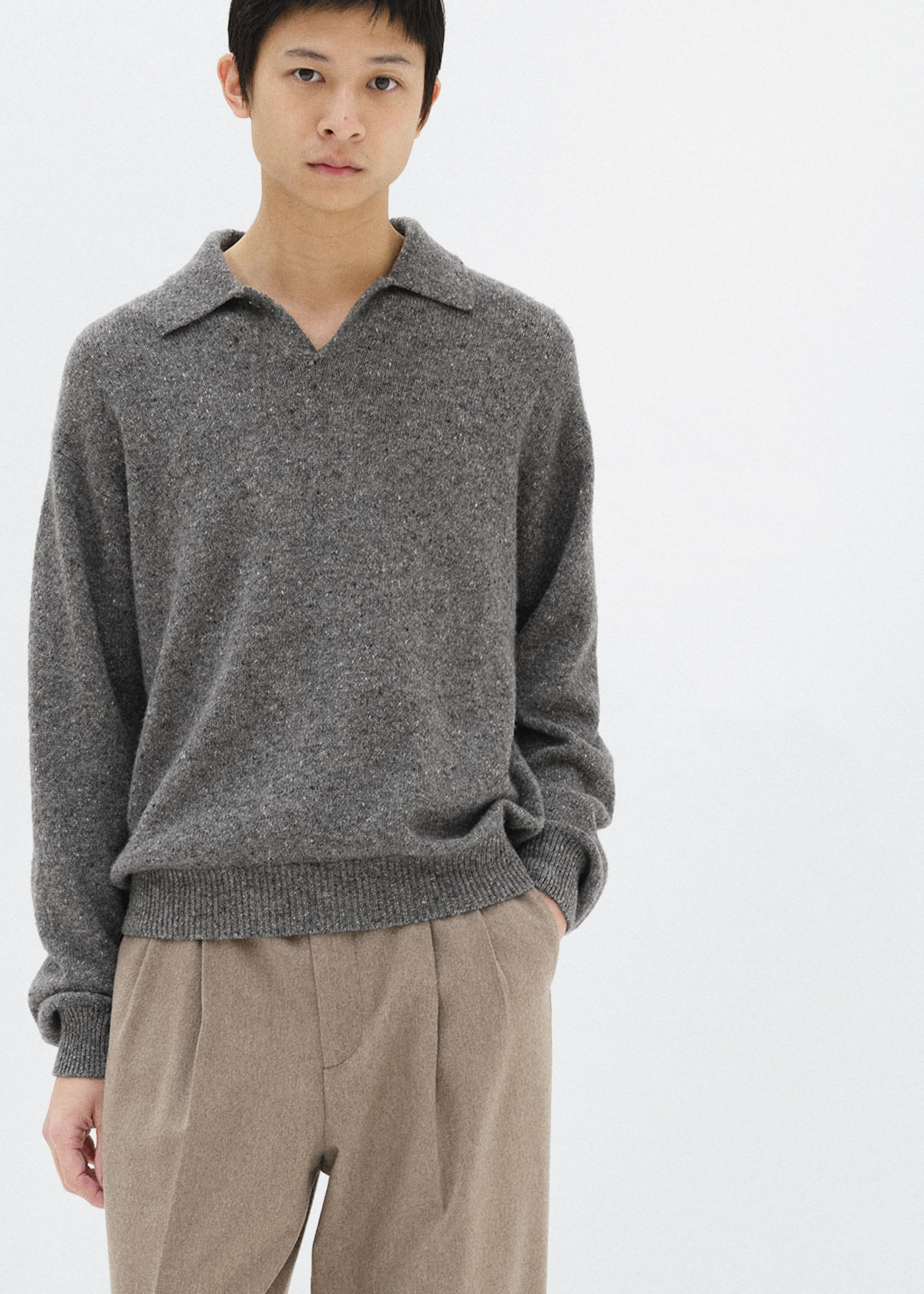Cashmere Nep Knit Polo –– Mix Gray