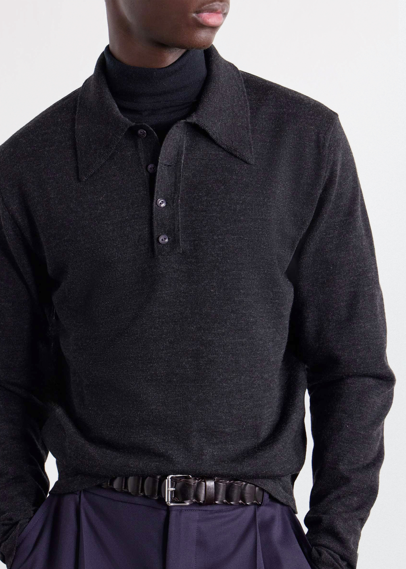 LS Knitted Polo Top –– Mouline Fine Merino (Squid Ink)