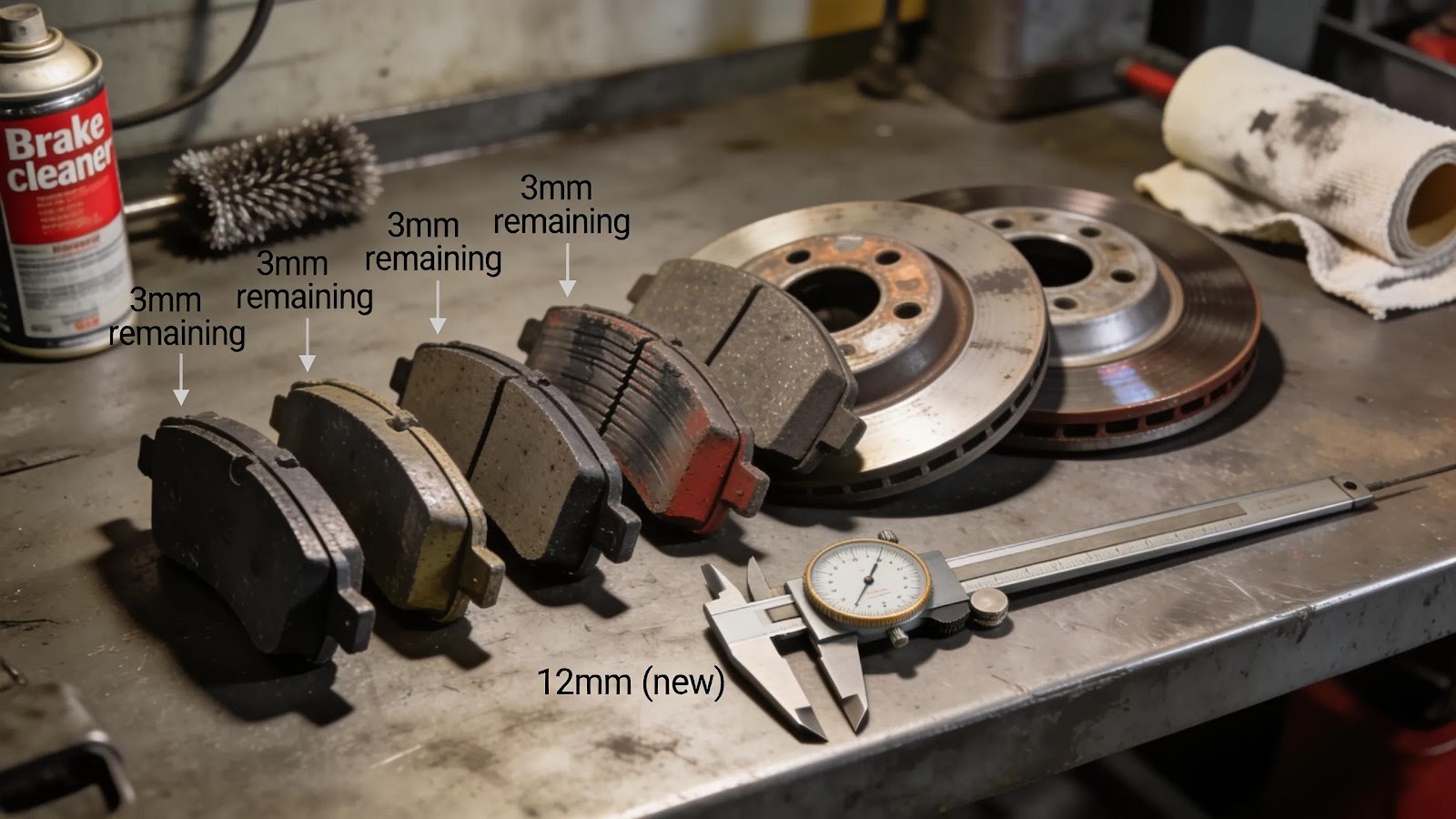 Visual representation of worn brake pads and rotors, highlighting common issues for vehicle owners to recognize.