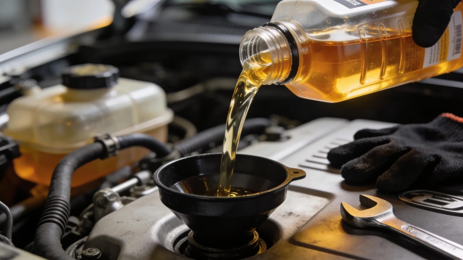 Close-up image of brake fluid maintenance, emphasizing clarity and importance for vehicle safety.
