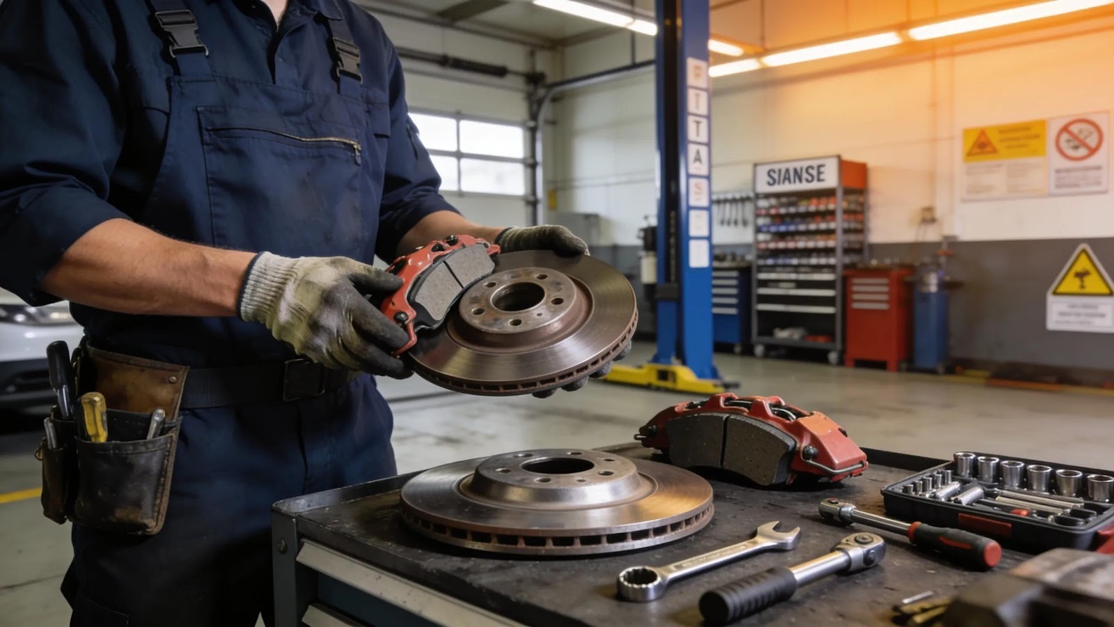 Vehicle maintenance image depicting a mechanic inspecting brakes, enhancing reader understanding of brake repair safety.