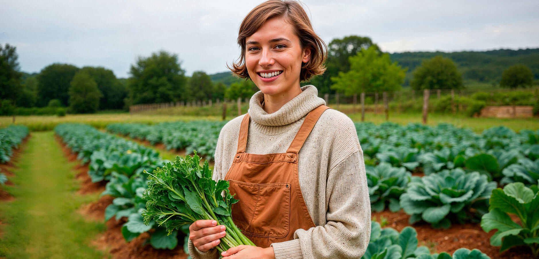 Smiling woman holding leafy greens standing in a cabbage field with trees and hills in the background.
