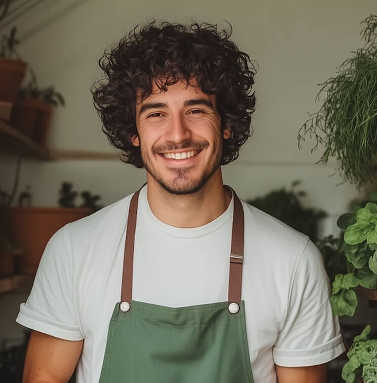 Smiling man with curly hair wearing a white shirt and green apron in a plant-filled room.