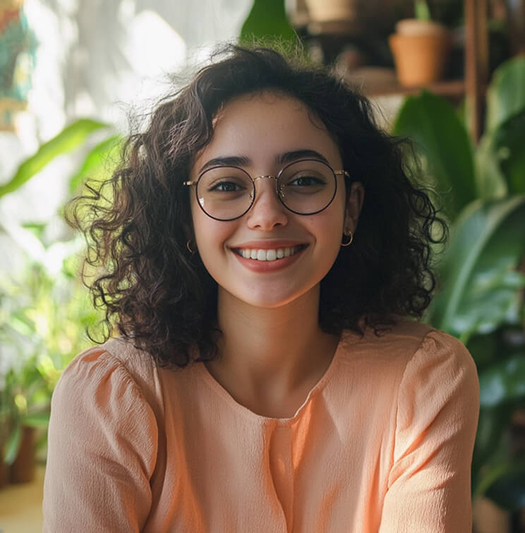 Smiling young woman with curly hair, round glasses, and peach blouse sitting indoors with green plants in the background.