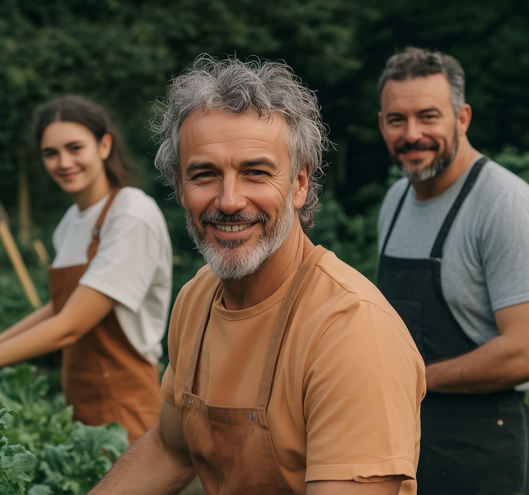 Three gardeners wearing aprons smiling while working in a green garden.
