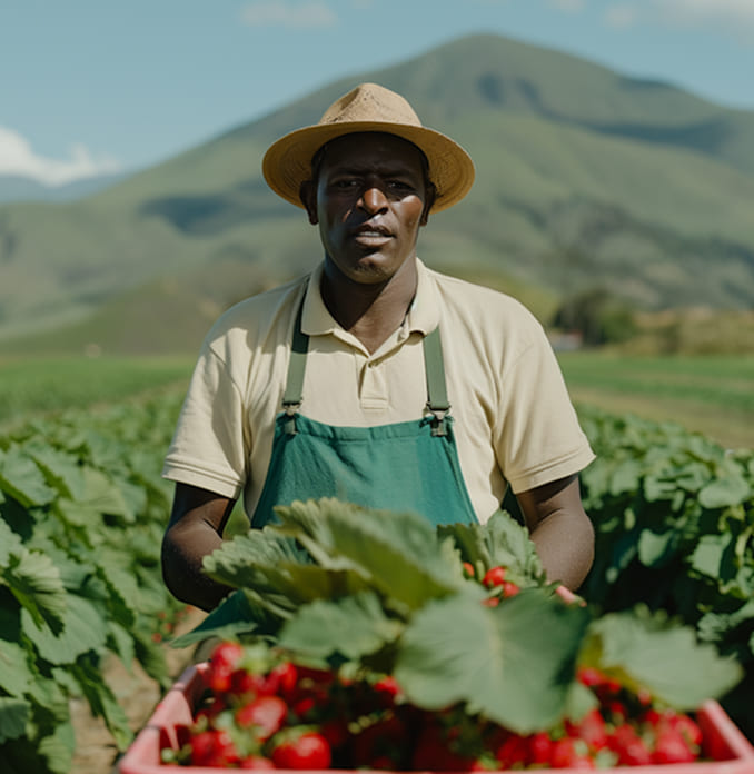 Farmer wearing a hat and green apron holding a crate of freshly picked strawberries in a field with mountains in the background.