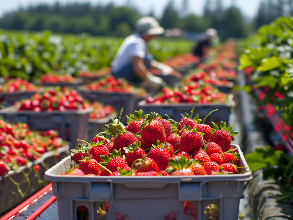 Close-up of a crate filled with ripe strawberries on a farm with blurred workers harvesting in the background.