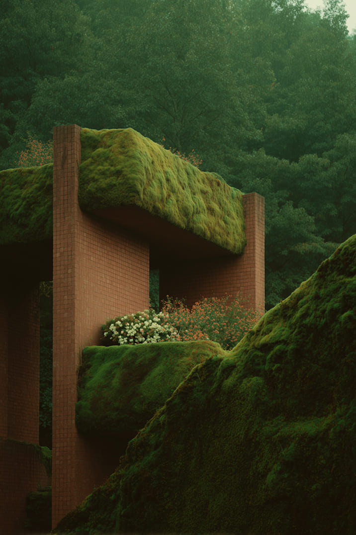 Modern brick structure with large planter boxes covered in green moss and flowering plants, surrounded by dense forest.