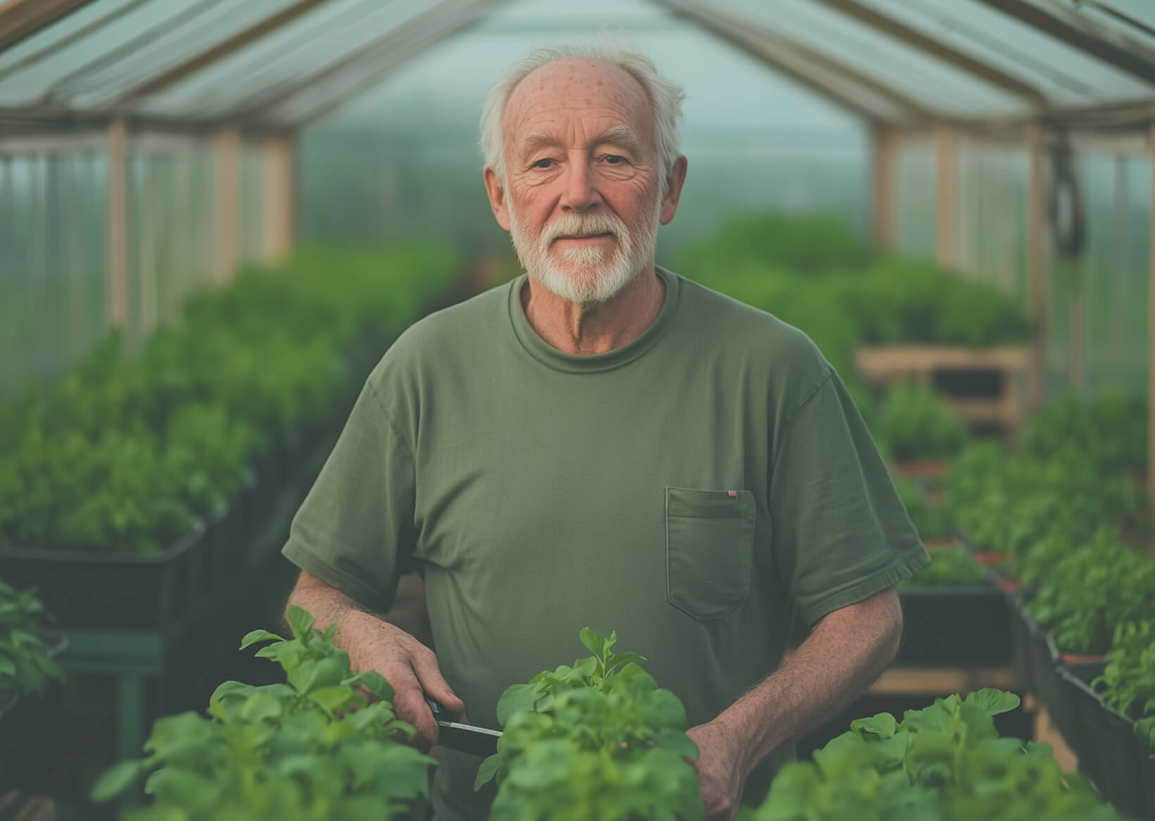 Elderly man with white hair and beard wearing a green t-shirt standing in a greenhouse surrounded by green plants.