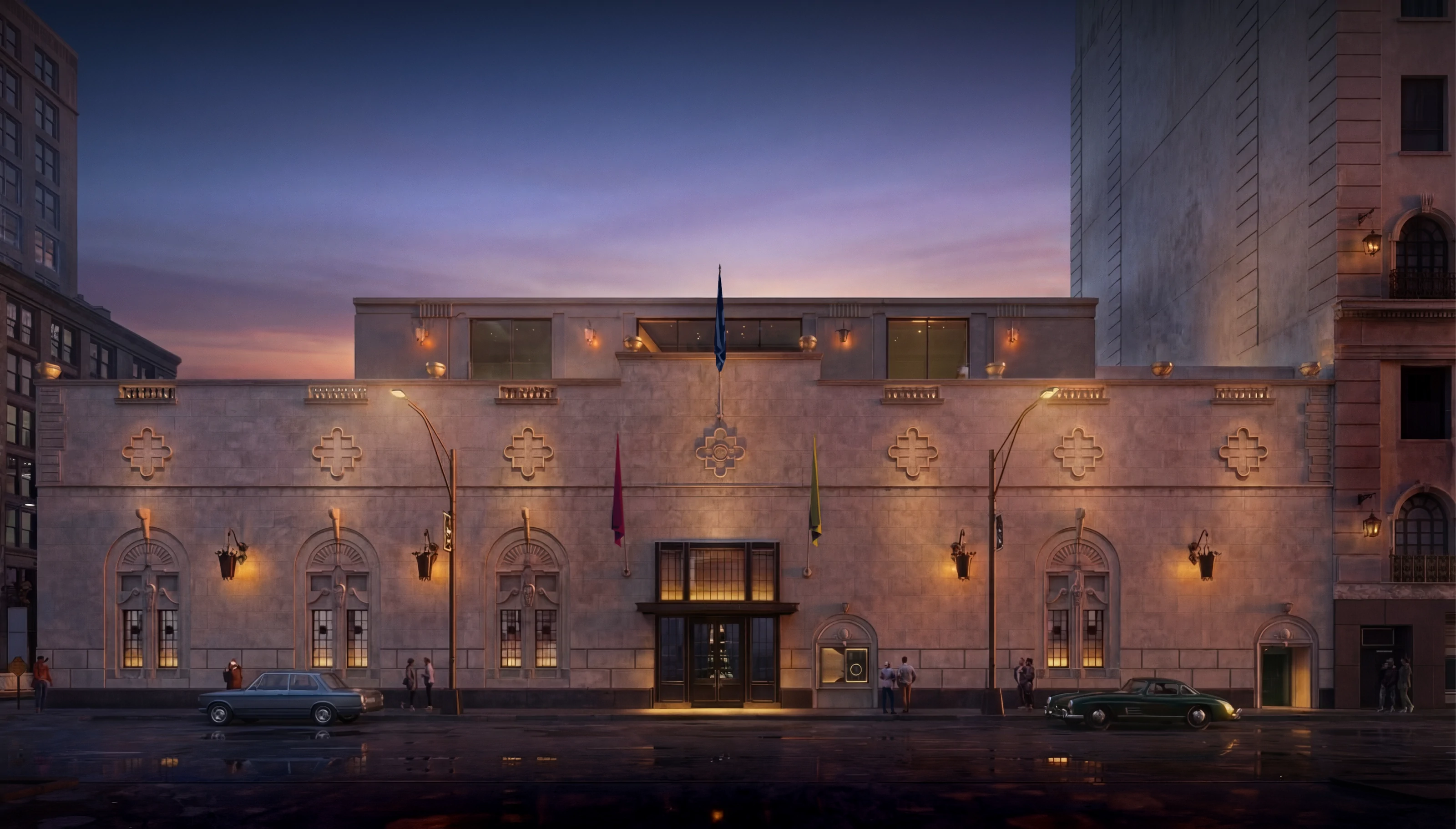 Evening view of our historic stone mansion in Chicago with street lamps, vintage cars, and people on wet street.