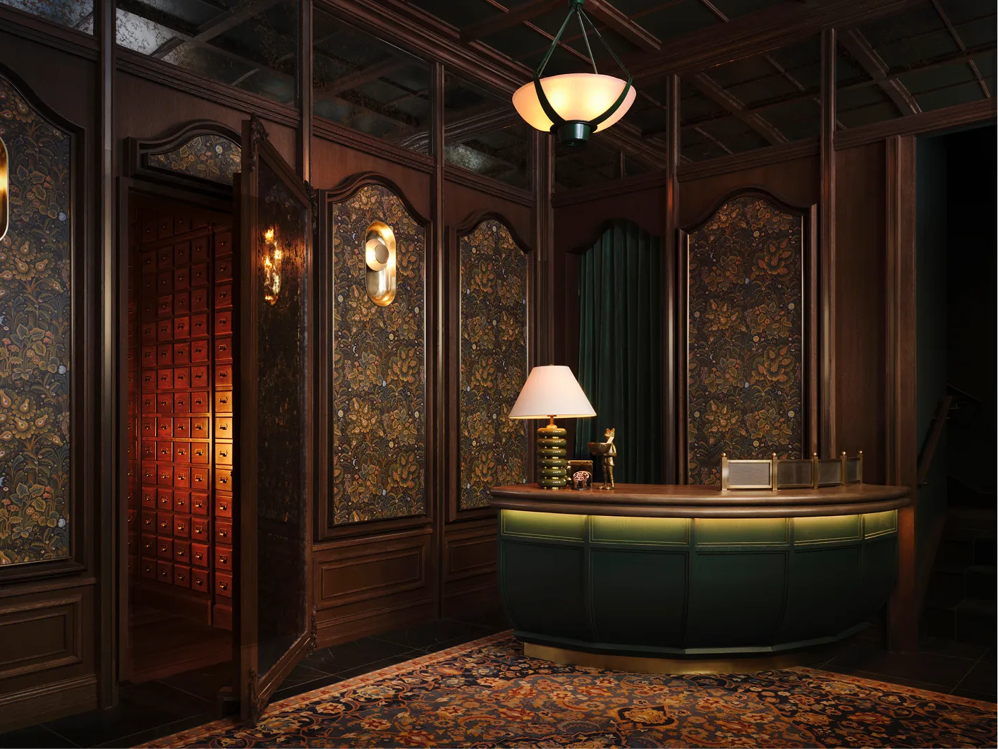 Elegant dark wood reception with floral wallpaper, ornate carpet, desk lamp, and a hidden door ajar.