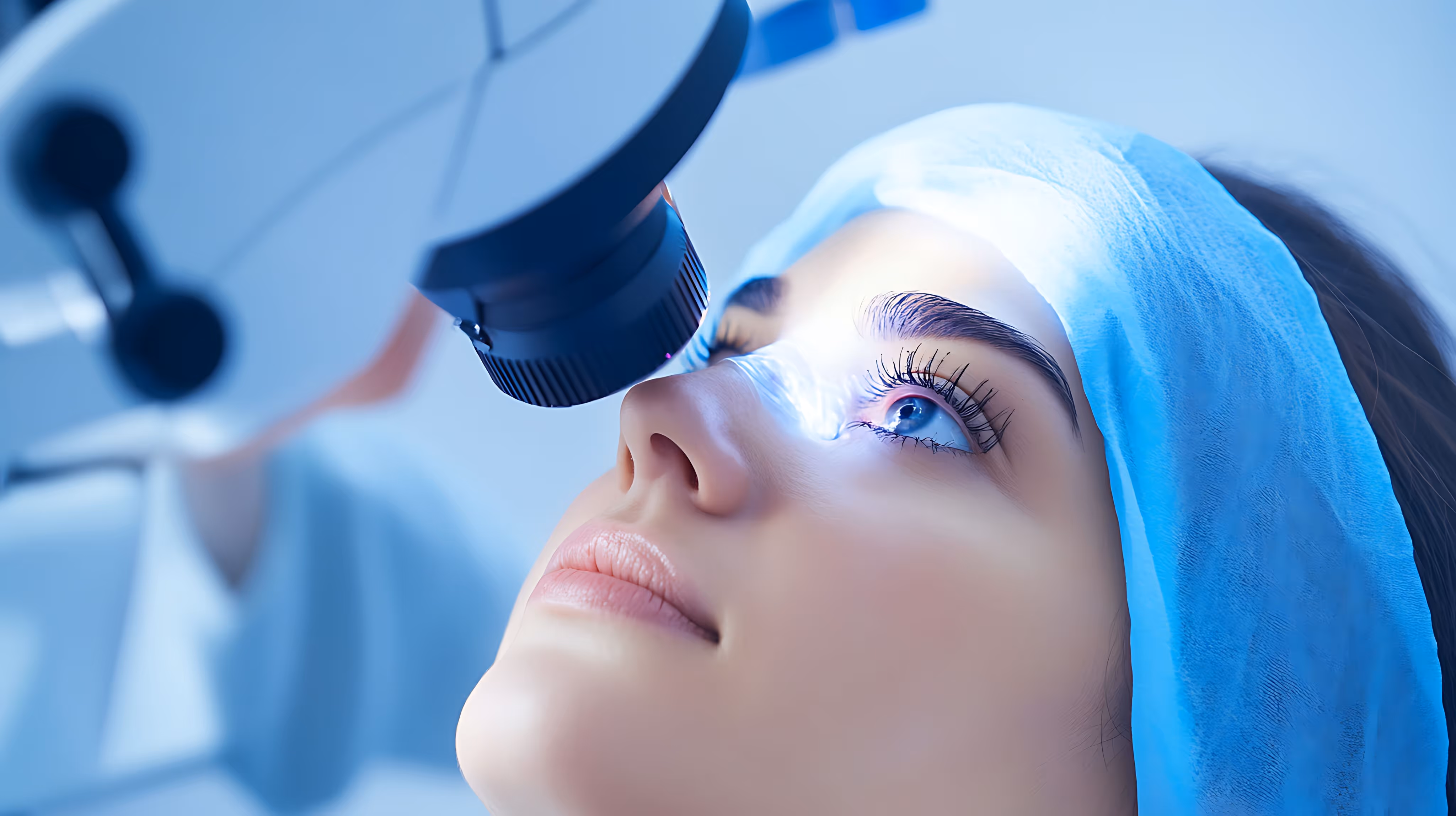 Close-up of a woman undergoing an eye examination with a medical device near her eye.