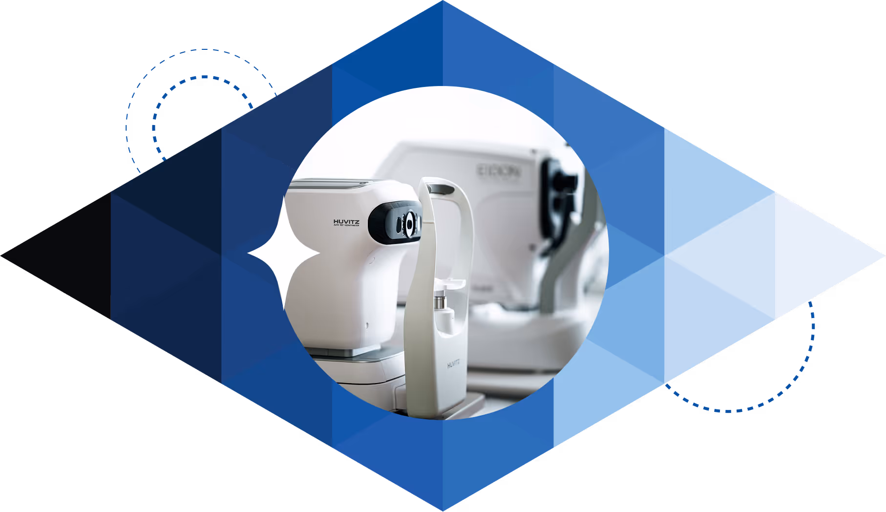 Close-up of Huvitz auto refractometer and other ophthalmic diagnostic equipment.